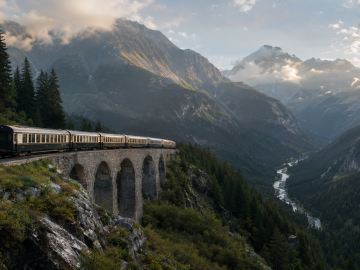 Luxury passenger train travelling through a dramatic mountain valley as the surrounding landscape unfolds in the morning light.