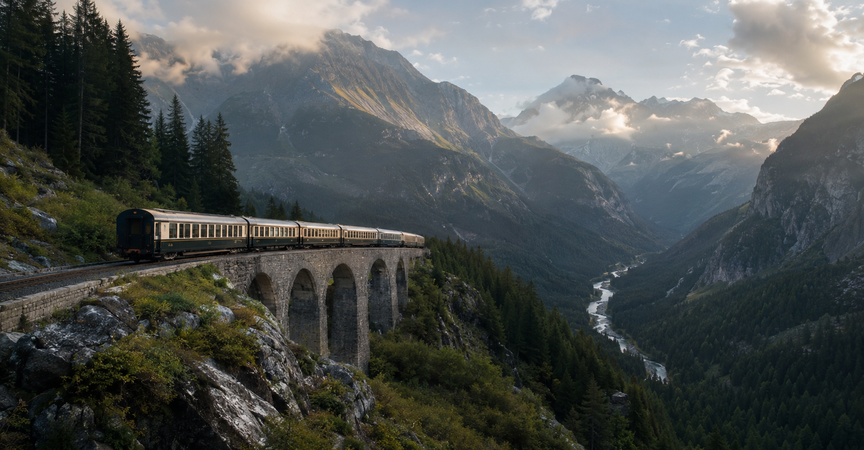 Luxury passenger train travelling through a dramatic mountain valley as the surrounding landscape unfolds in the morning light.
