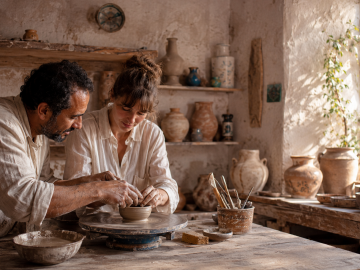 Traveller shaping clay by hand in an intimate artisan workshop, reflecting the growing appeal of creative and culturally immersive travel.