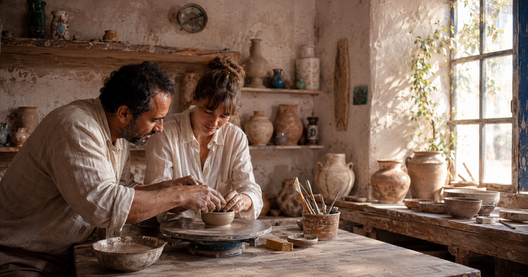 Traveller shaping clay by hand in an intimate artisan workshop, reflecting the growing appeal of creative and culturally immersive travel.