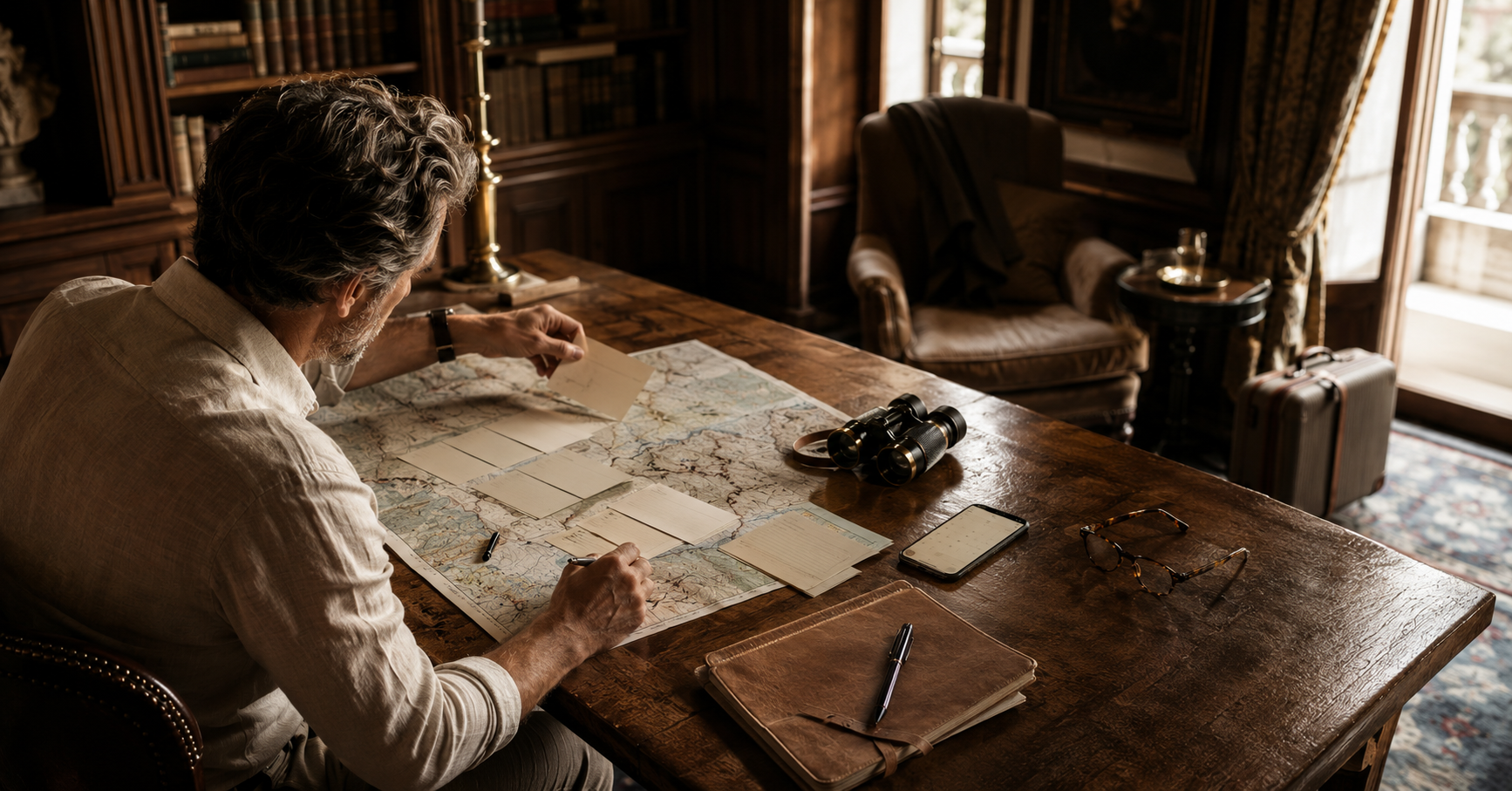 Traveller reviewing a carefully organized luxury itinerary, illustrating which flights, hotels and experiences should be booked early.
