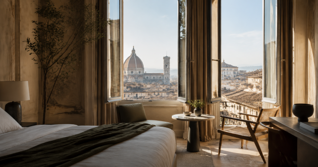 Luxury hotel room overlooking Florence Cathedral through open windows in the morning light.