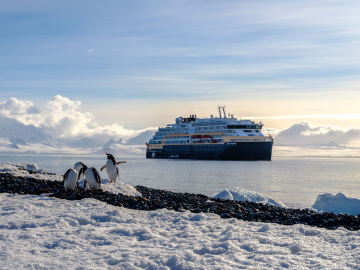 Image: Penguins in Antarctica in front of the MS Roald Amundsen (Photo Credit: HX Expeditions)