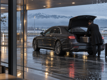 Chauffeur loading luggage into a luxury sedan outside a rain-washed airport terminal at dawn.