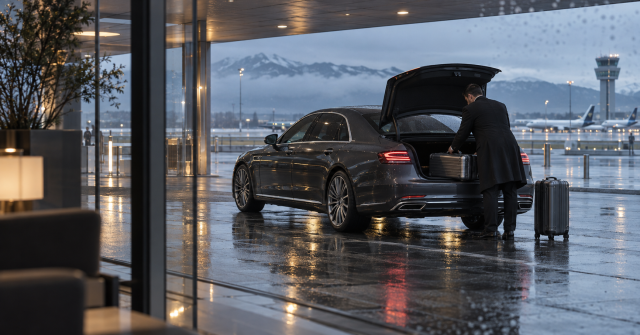 Chauffeur loading luggage into a luxury sedan outside a rain-washed airport terminal at dawn.