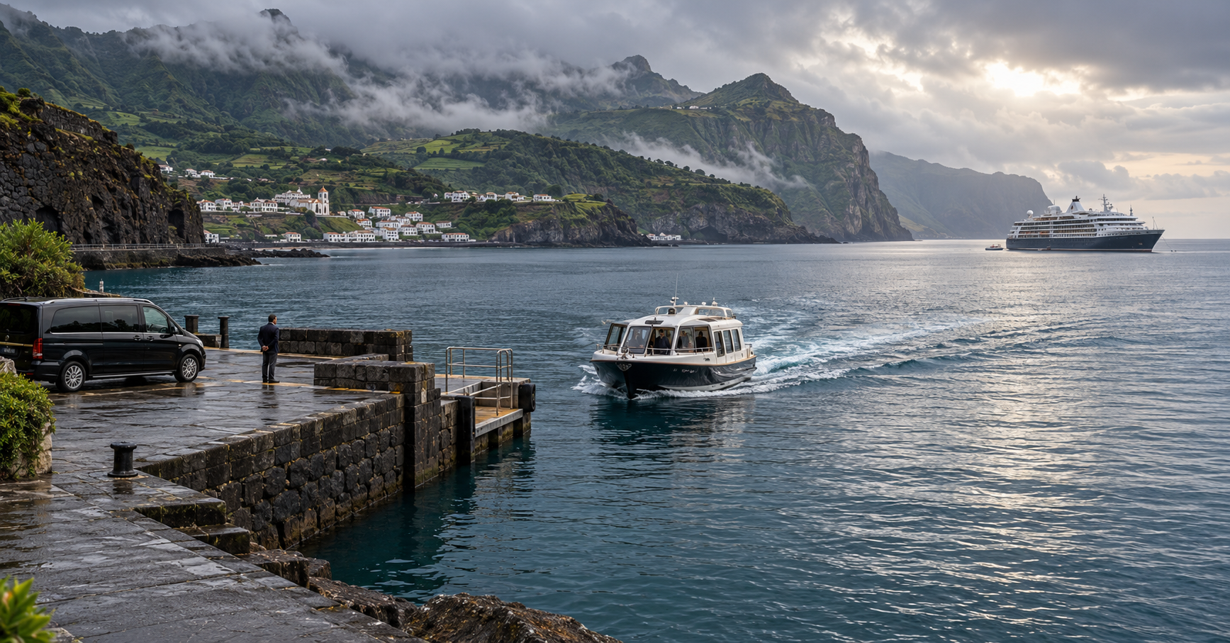Alt tag: Tender boat approaches a volcanic island port while a luxury cruise ship waits offshore, illustrating the logistics that shape a cruise port day.