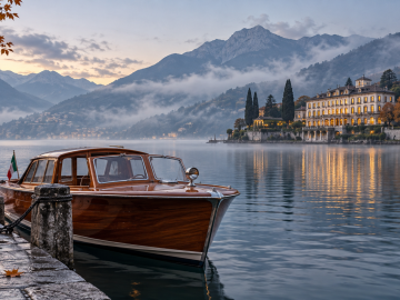 Luxury wooden hotel launch on a misty Italian lake beside an elegant lakeside hotel in early autumn.