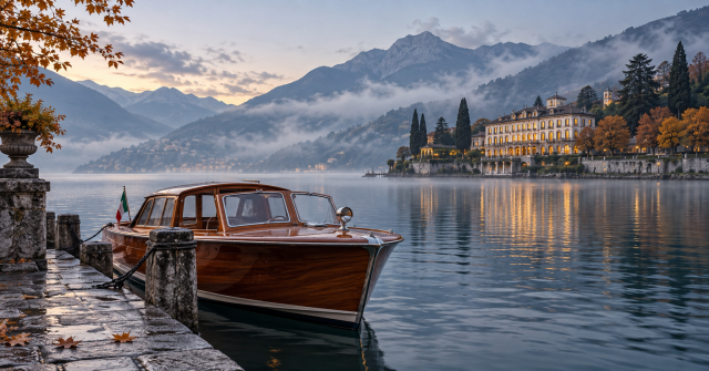 Luxury wooden hotel launch on a misty Italian lake beside an elegant lakeside hotel in early autumn.