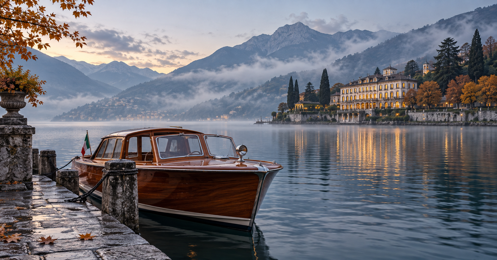 Luxury wooden hotel launch on a misty Italian lake beside an elegant lakeside hotel in early autumn.