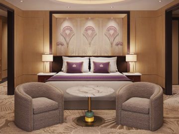 A rendering of a refreshed Queens Grill Suite on the Queen Mary 2. Photo Credit: Cunard