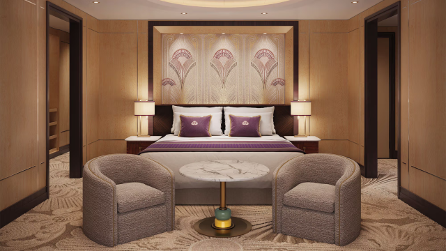 A rendering of a refreshed Queens Grill Suite on the Queen Mary 2. Photo Credit: Cunard