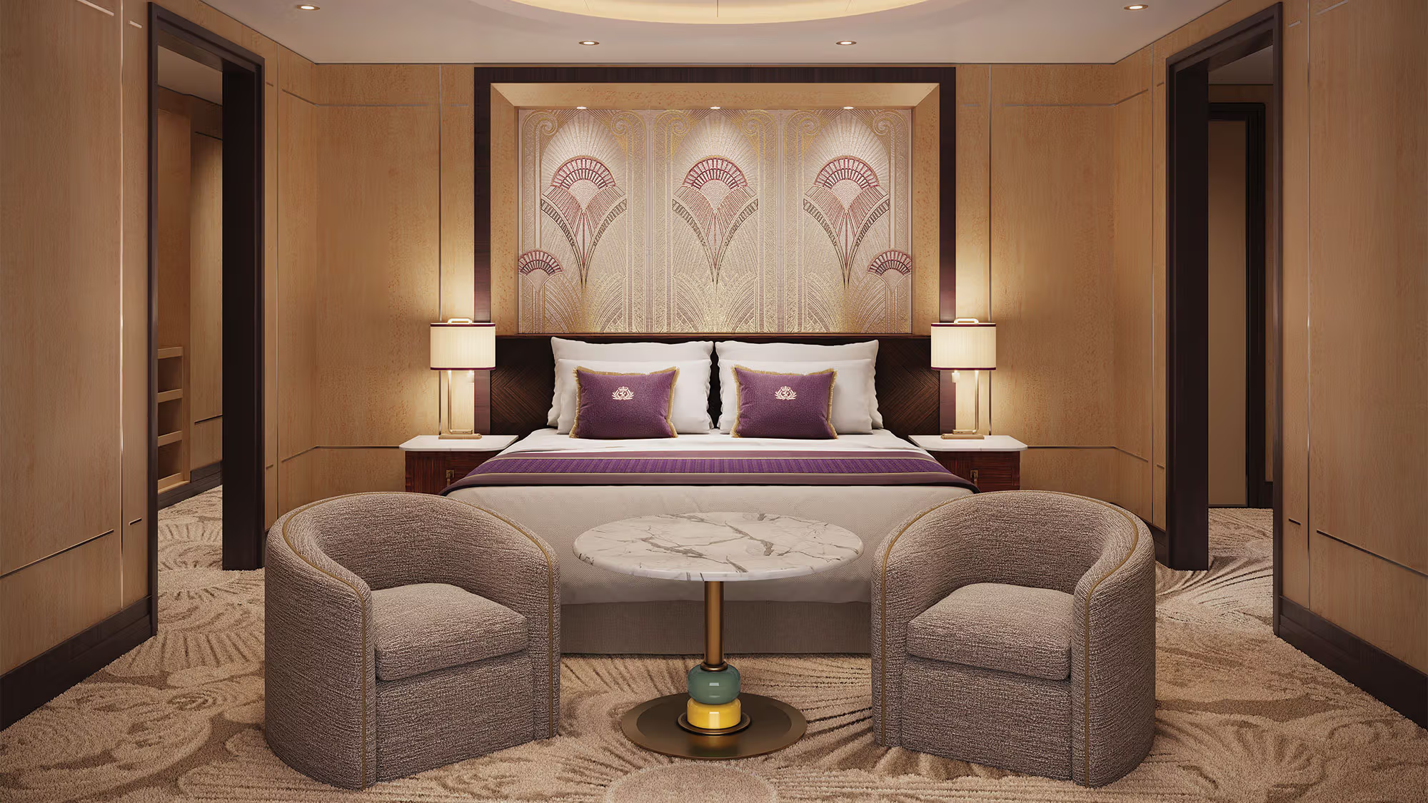 A rendering of a refreshed Queens Grill Suite on the Queen Mary 2. Photo Credit: Cunard