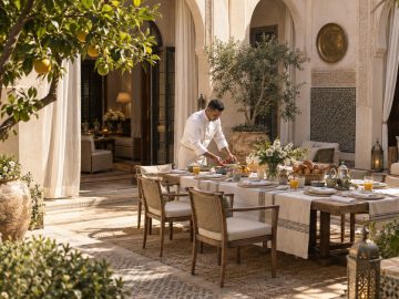 A private chef serves breakfast in the courtyard of a staffed luxury villa, illustrating the service details travellers should clarify before booking.