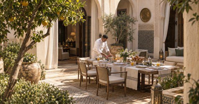 A private chef serves breakfast in the courtyard of a staffed luxury villa, illustrating the service details travellers should clarify before booking.