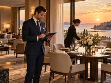 Luxury hotel staff preparing an elegant suite before guests arrive.