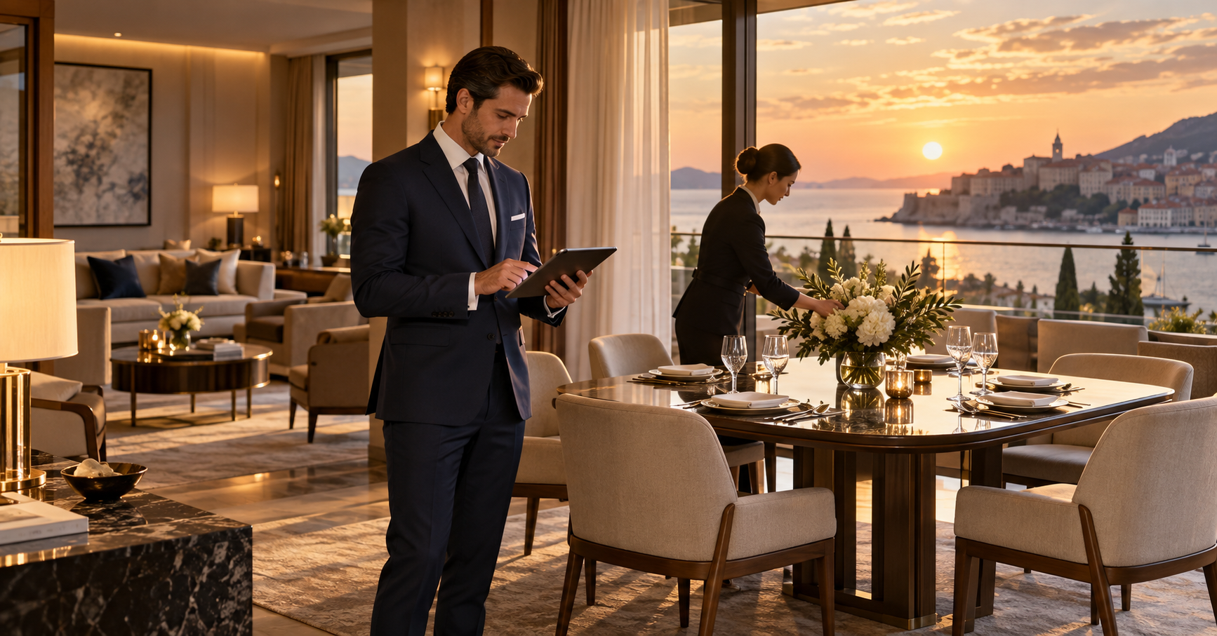 Luxury hotel staff preparing an elegant suite before guests arrive.