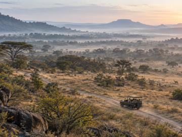 Private safari vehicle travelling through a vast African wildlife reserve at dawn.