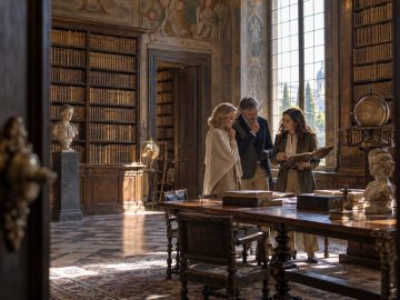 Alt tag: Private guide showing two luxury travellers historic documents inside an exclusive European library. Edit