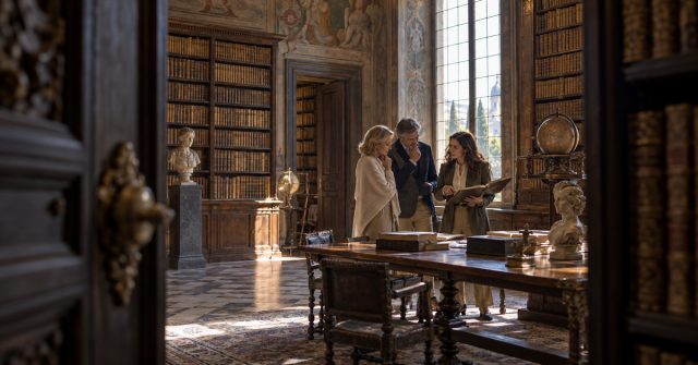 Alt tag: Private guide showing two luxury travellers historic documents inside an exclusive European library. Edit