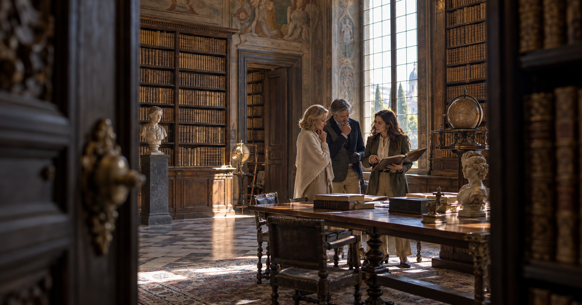 Alt tag: Private guide showing two luxury travellers historic documents inside an exclusive European library. Edit